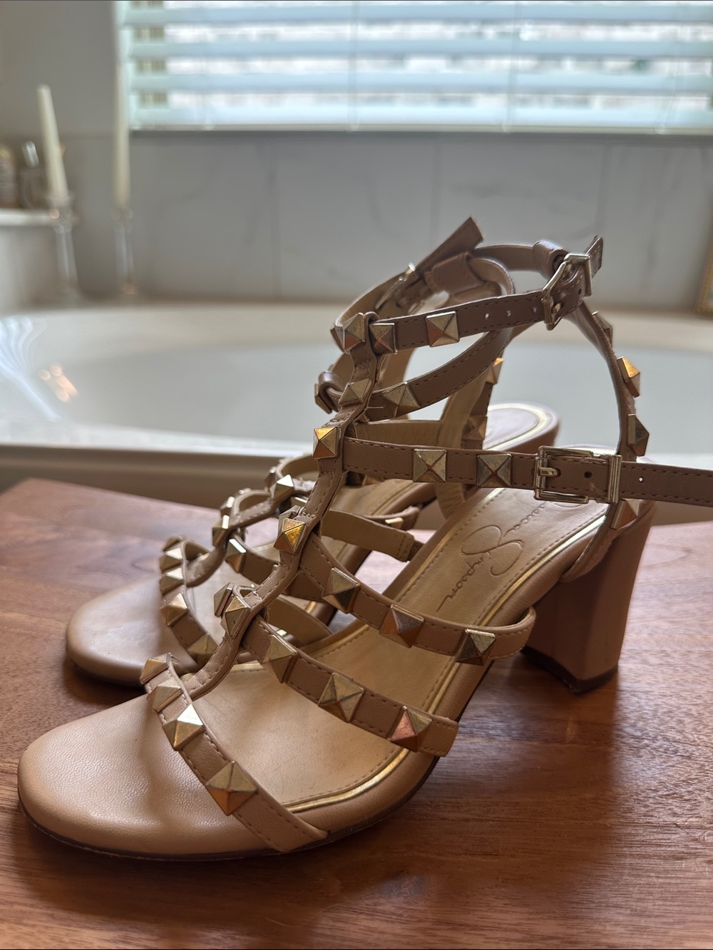 Jessica Simpson Nude Studded Strappy Block Heel Sandals